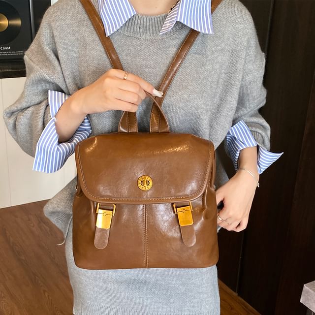 Leather Buckle Backpack Faux Flap