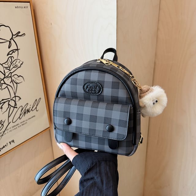 Faux Flap Backpack Plaid Leather