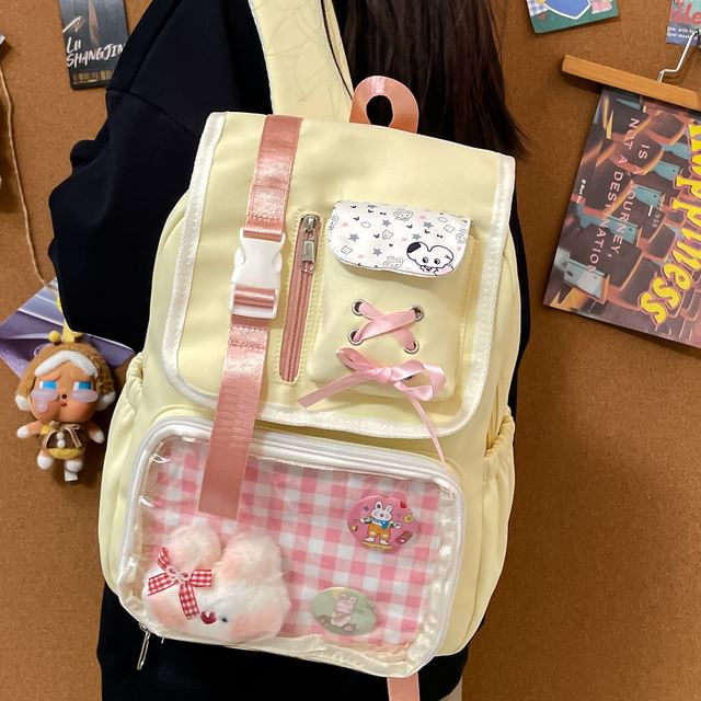 Panel Buckled Ribbon Gingham Backpack PVC Nylon