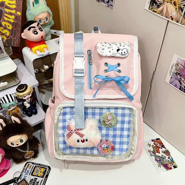 Panel Buckled Ribbon Gingham Backpack PVC Nylon