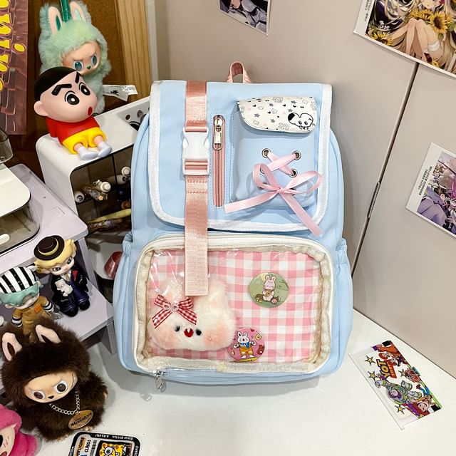 Panel Buckled Ribbon Gingham Backpack PVC Nylon