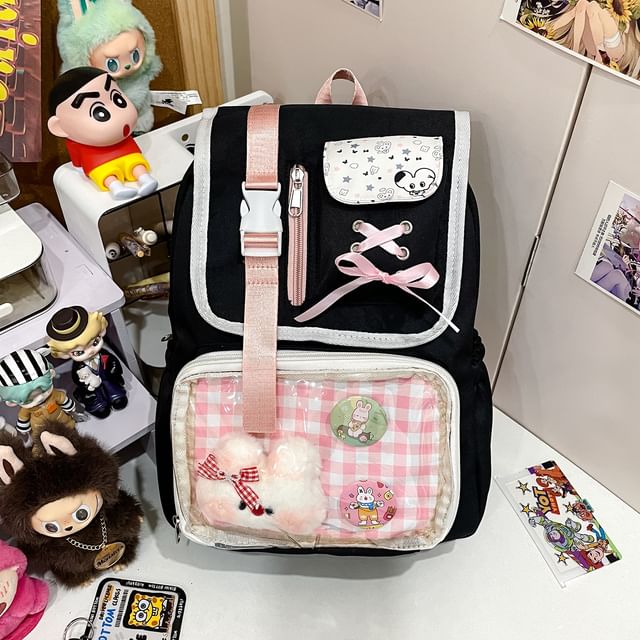 Panel Buckled Ribbon Gingham Backpack PVC Nylon