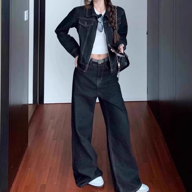 Collar Denim Zip Jacket / Mid Waist Loose Fit Jeans / Denim Shorts