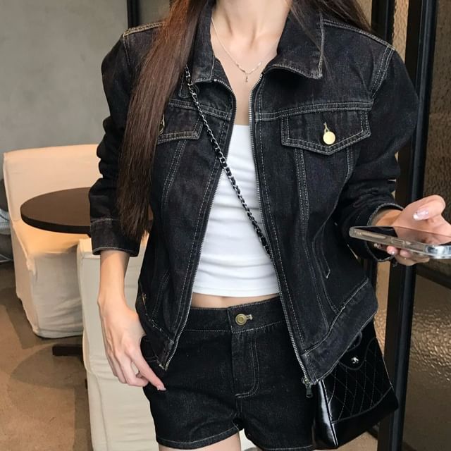 Collar Denim Zip Jacket / Mid Waist Loose Fit Jeans / Denim Shorts