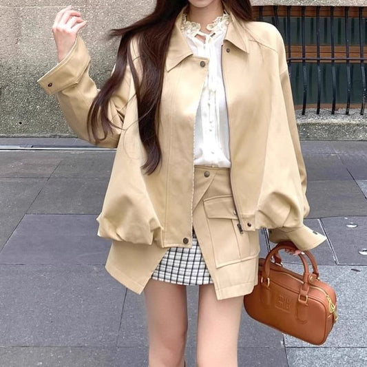 Collared Zip Jacket & Plaid Cargo Skirt Set