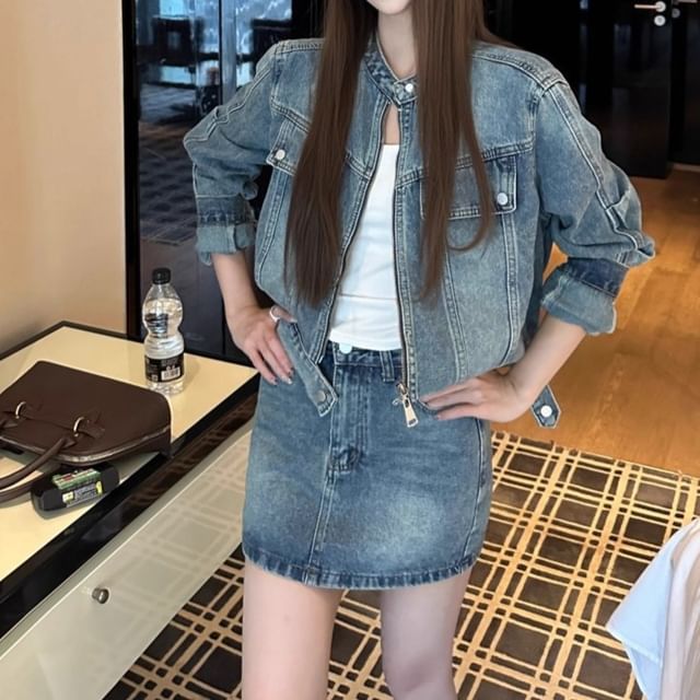 Washed Denim Jacket & Mini A-Line Skirt