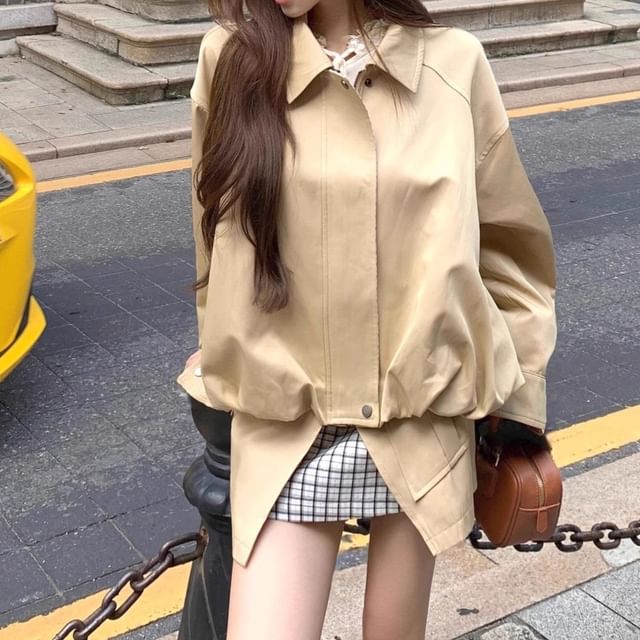 Collared Zip Jacket & Plaid Cargo Skirt Set