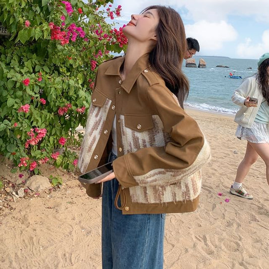 Collared Tweed Panel Button-Up Jacket