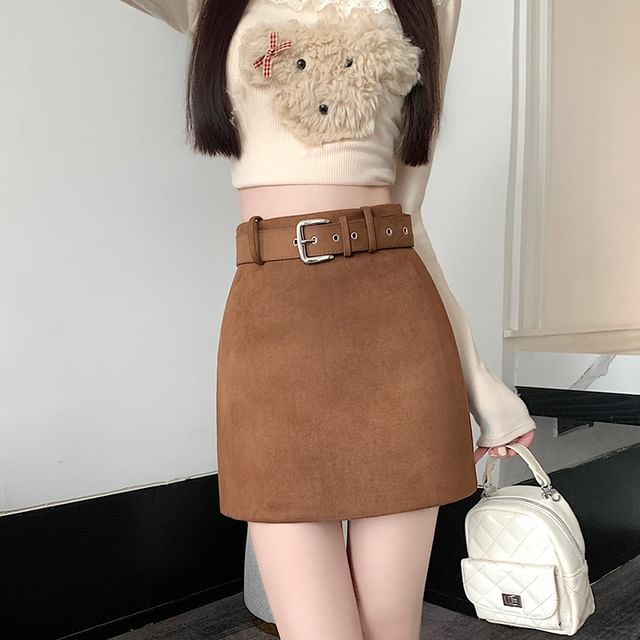 High-Rise Belted Faux Suede Mini A-Line Skirt