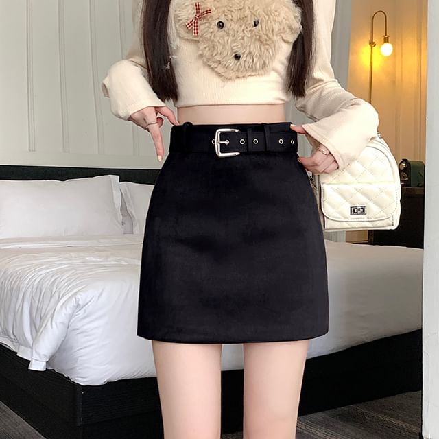 High-Rise Belted Faux Suede Mini A-Line Skirt