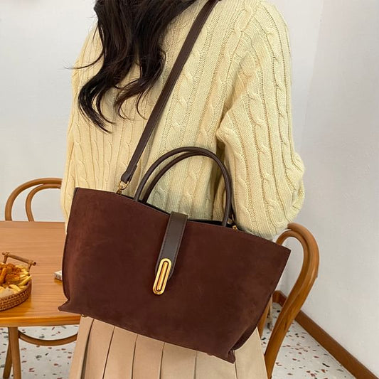 Handle Bag With Plain Faux Crossbody Top Suede Pouch