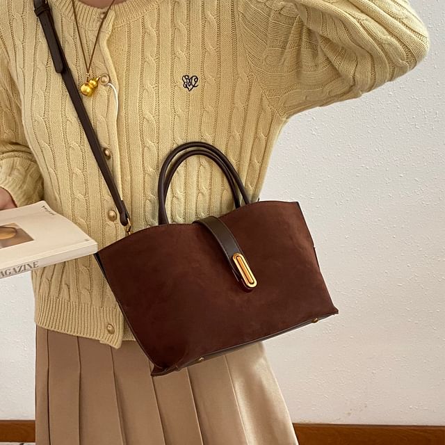 Handle Bag With Plain Faux Crossbody Top Suede Pouch