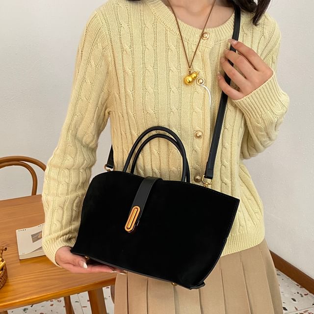 Handle Bag With Plain Faux Crossbody Top Suede Pouch