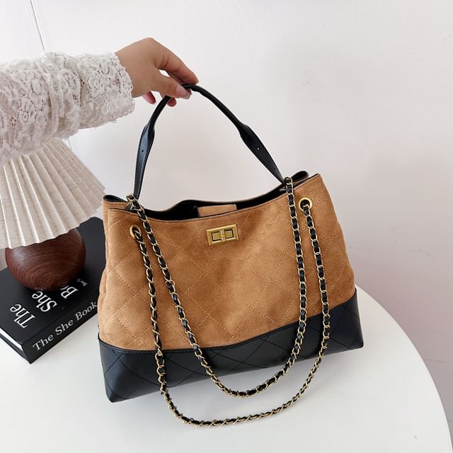 Crossbody Bag Tote Suede Chain Faux Strap Quilted
