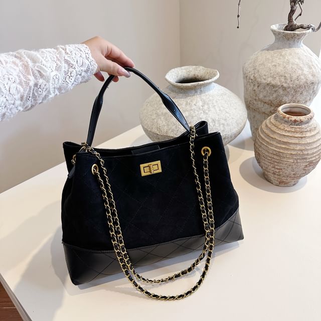 Crossbody Bag Tote Suede Chain Faux Strap Quilted