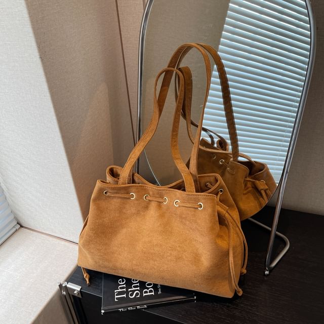 Plain Suede Tote Drawstring Bag Faux