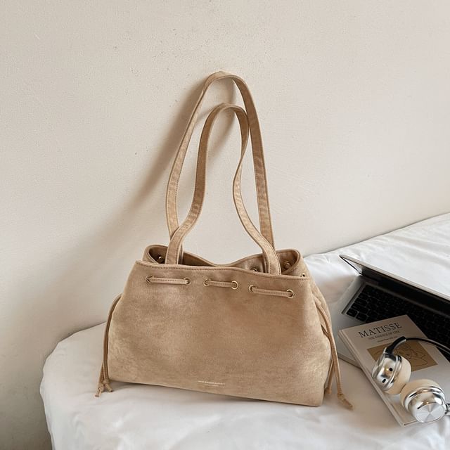 Plain Suede Tote Drawstring Bag Faux
