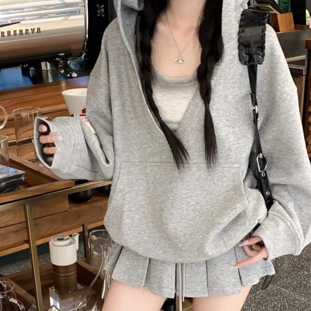 V-Neck Oversized Hoodie, High-Waist Mini Pleated Skirt & Scoop Neck Tank