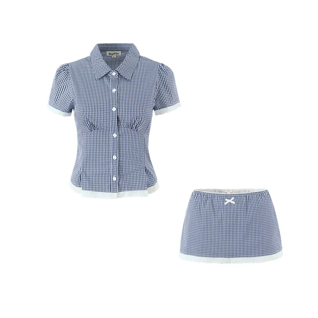 Puff-Sleeve Gingham Lace Blouse & Mini Pencil Skirt