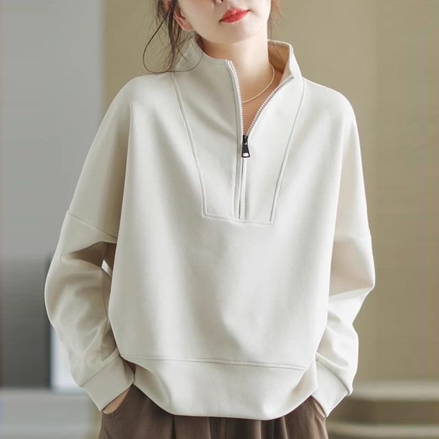 Plain Mock-Neck Half-Zip Pullover