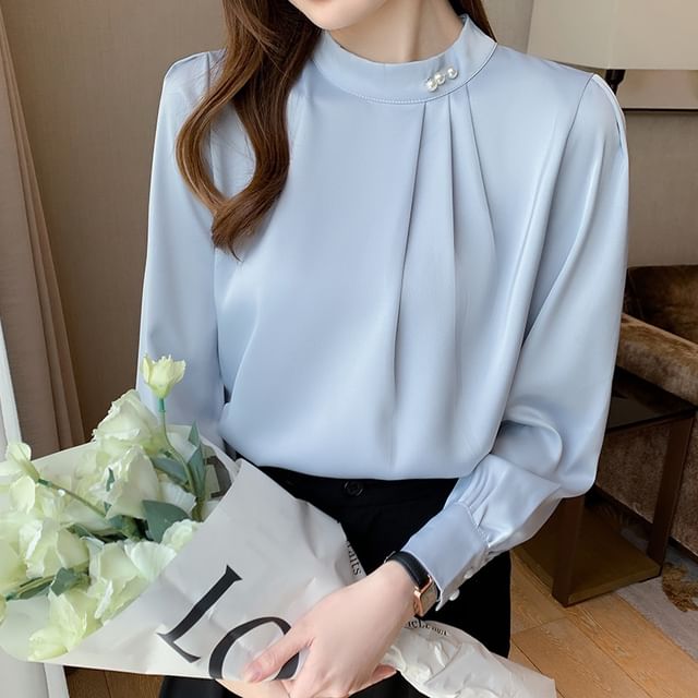 Plain Ruched Band-Collar Long-Sleeved Blouse