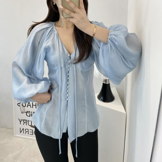 Plain Front-Slit V-Neck Puff-Sleeved Blouse