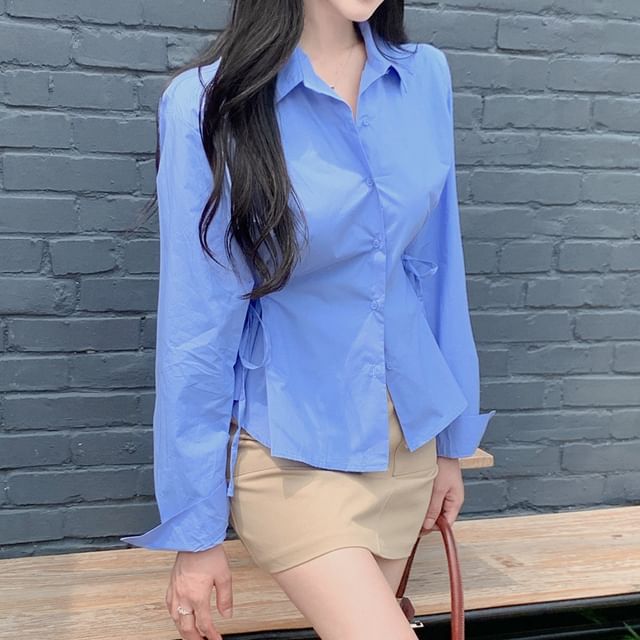 Plain Tie-Waist Sleeved Blouse