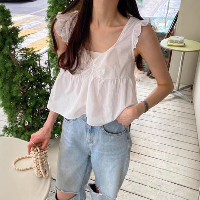Sleeveless V-Neck Plain Ruffle Lace-Up Blouse
