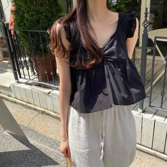 Plain Lace-Up Ruffled Sleeveless V-Neck Blouse
