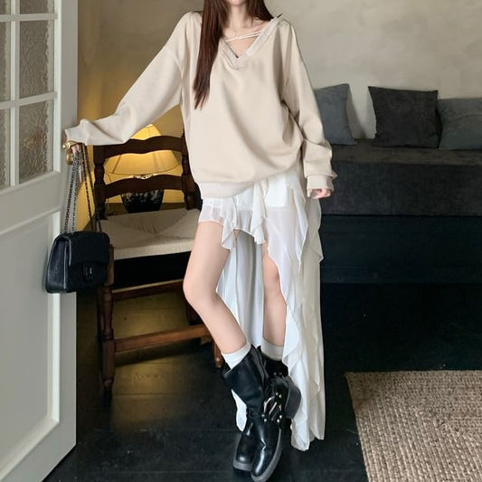 V-Neck Lace Panel Tie-Back Sweatshirt & High-Waist Asymmetrical Ruffle Trim Skirt