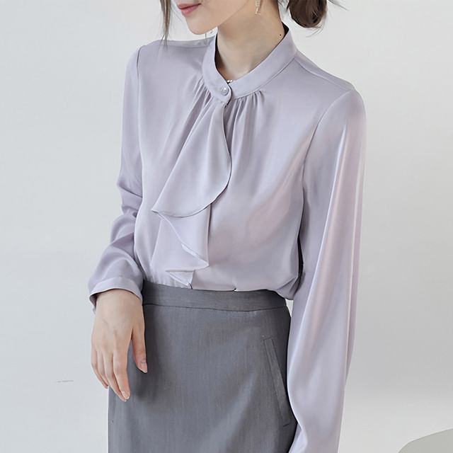 Plain Ruffle-Trimmed Band-Collar Long-Sleeved Blouse