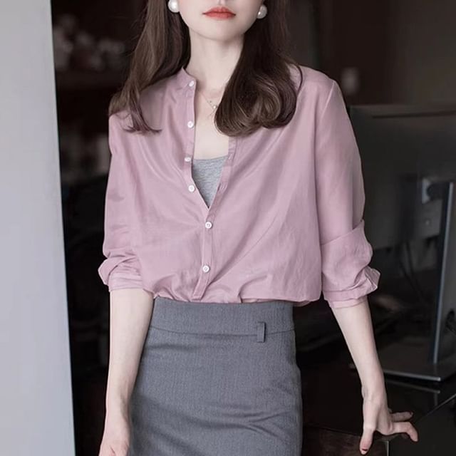 Plain Band-Collar Long-Sleeved Button-Up Shirt
