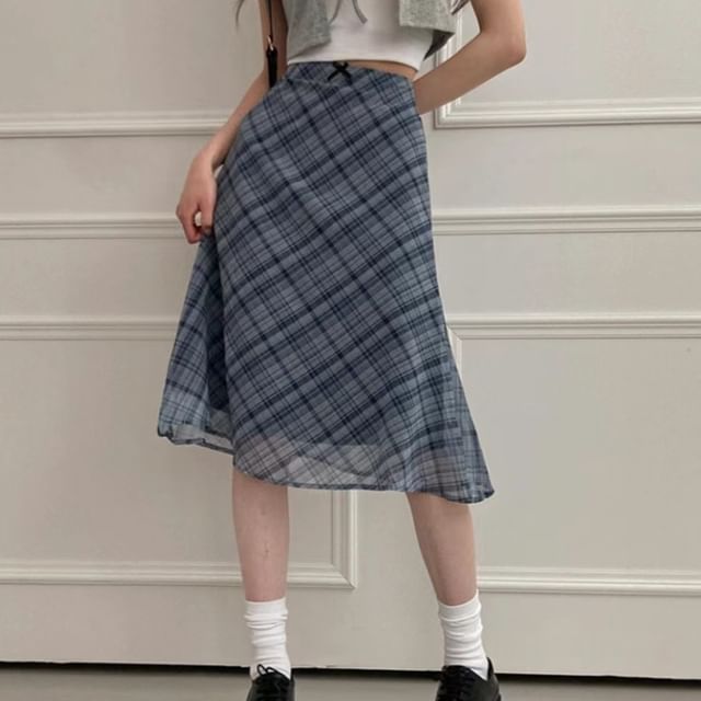 High-Waist Plaid Sheer Midi A-Line Skirt