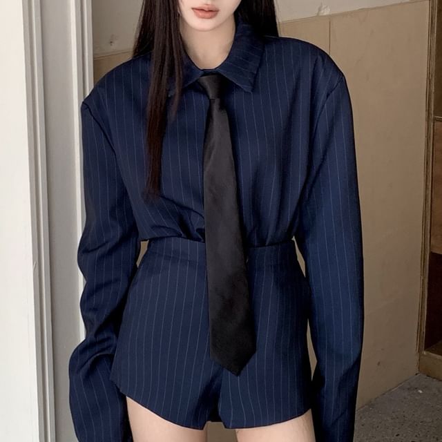 Striped Long-Sleeved Button-Up Shirt & High-Waisted Hot Pants & Necktie Set