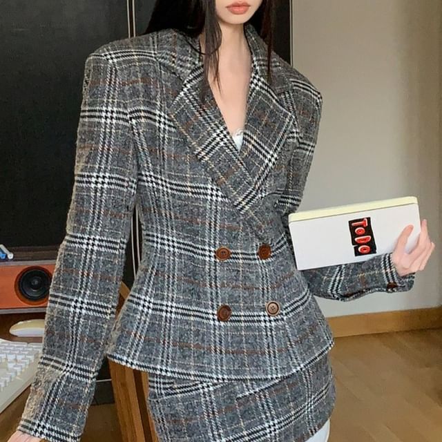 Double-Breasted Plaid Blazer with Notch Lapel & High-Waist Pencil Skirt