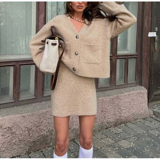 Long Sleeve V-Neck Loose-Fit Cardigan & High-Waist Knit Mini Skirt