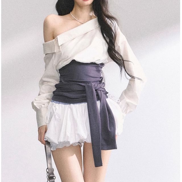 Off Shoulder Plain Blouse / Tube Top / Bubble Mini Skirt / Long-Sleeve Mock Two Piece Mini Bodycon Dress / Set