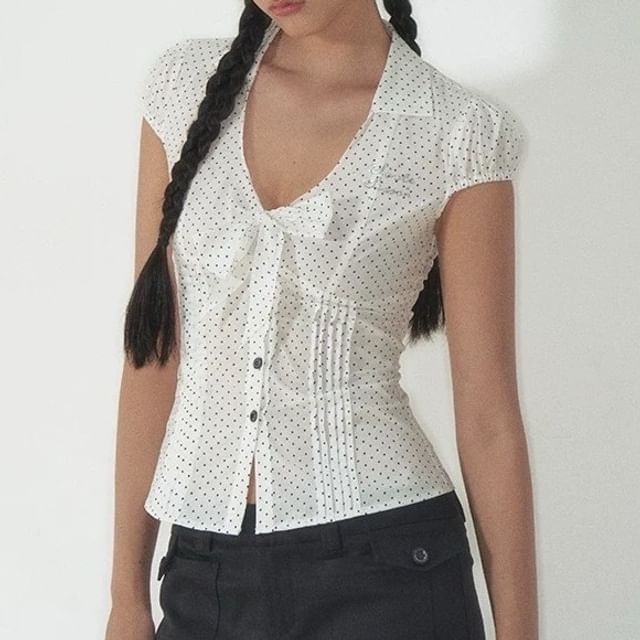 Short-Sleeve V-Neck Lettering Button Up Blouse