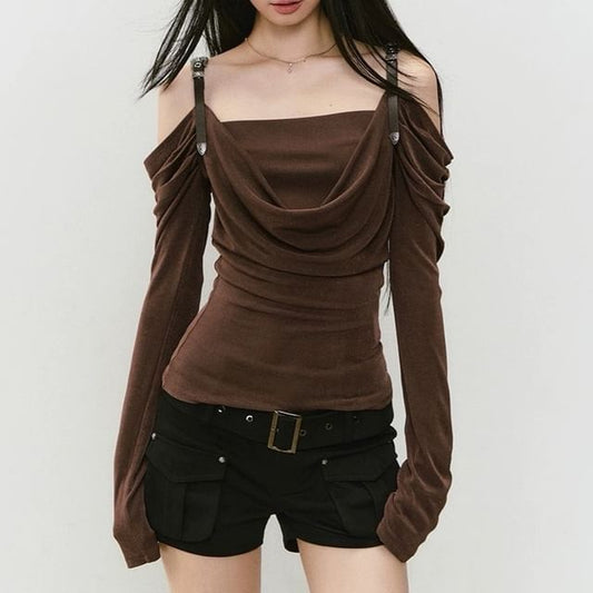 Long-Sleeve Off Shoulder Plain Ruched T-Shirt