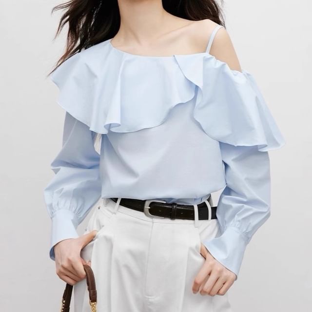 Long-Sleeve Cold Shoulder Plain Ruffle Trim Blouse