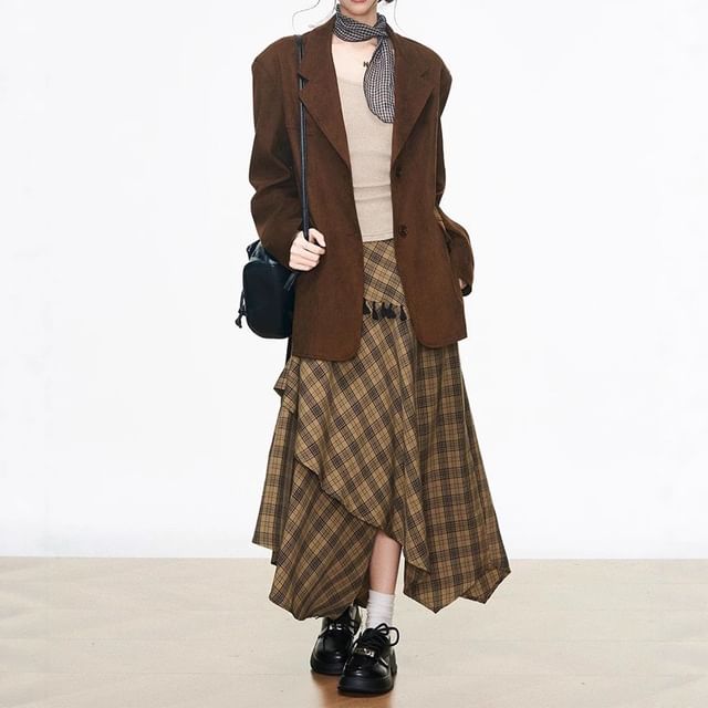 Lapel Blazer, Plaid Maxi Skirt & Tee Set