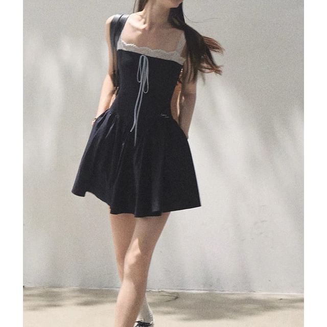 Spaghetti Strap Square Neck Plain Lace Trim A-Line Dress (Various Designs)