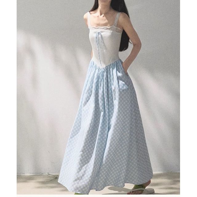 Spaghetti Strap Square Neck Plain Lace Trim A-Line Dress (Various Designs)