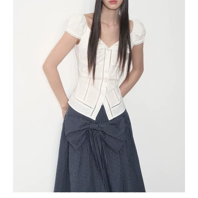 Short-Sleeve V-Neck Plain Ruched Blouse