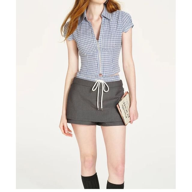 Short-Sleeve Collared Plaid Zip Shirt / High Waist Mock Two Piece Skorts / Set