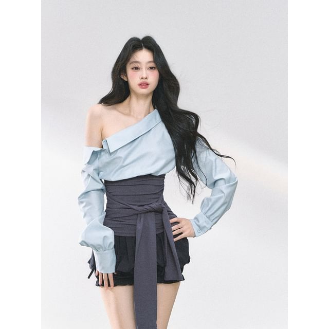 Off Shoulder Plain Blouse / Tube Top / Bubble Mini Skirt / Long-Sleeve Mock Two Piece Mini Bodycon Dress / Set