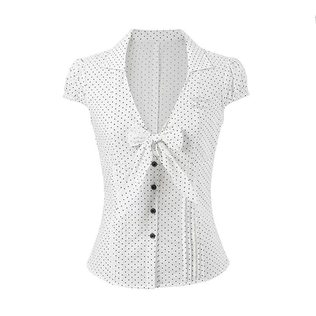 Short-Sleeve V-Neck Lettering Button Up Blouse