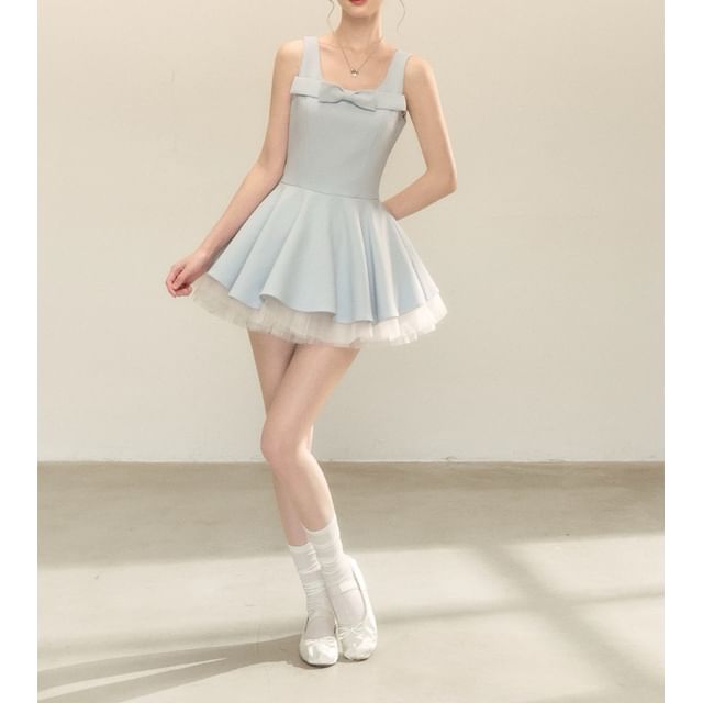 Sleeveless Square Neck Plain Bow Detail Mini A-Line Dress