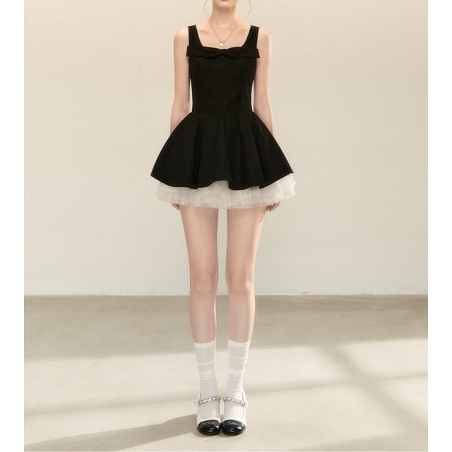 Sleeveless Square Neck Plain Bow Detail Mini A-Line Dress