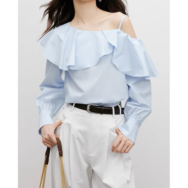 Long-Sleeve Cold Shoulder Plain Ruffle Trim Blouse